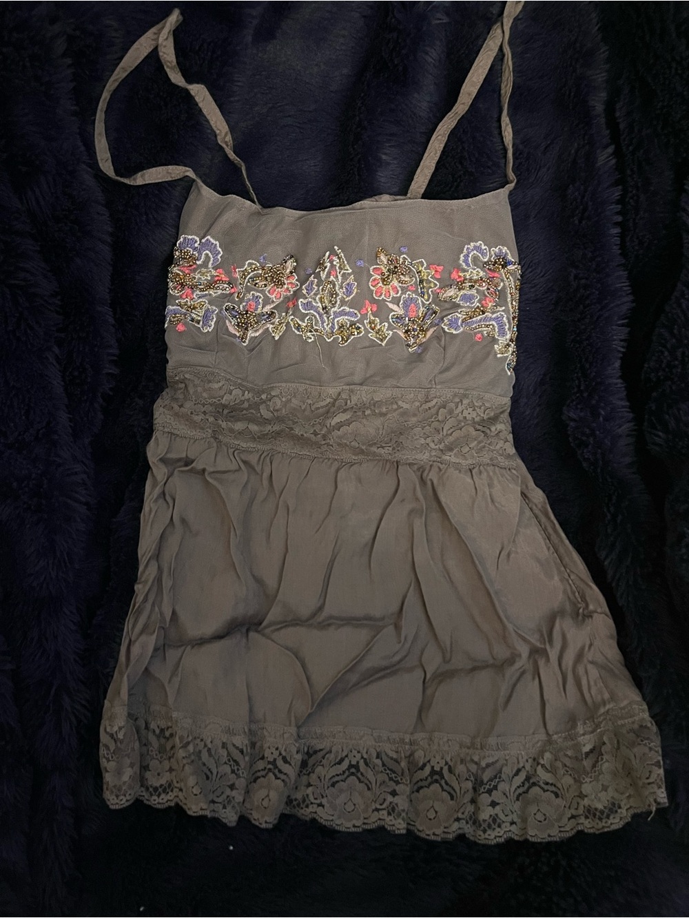 Y2K Embroidered babydoll top - Gray with Floral Accents